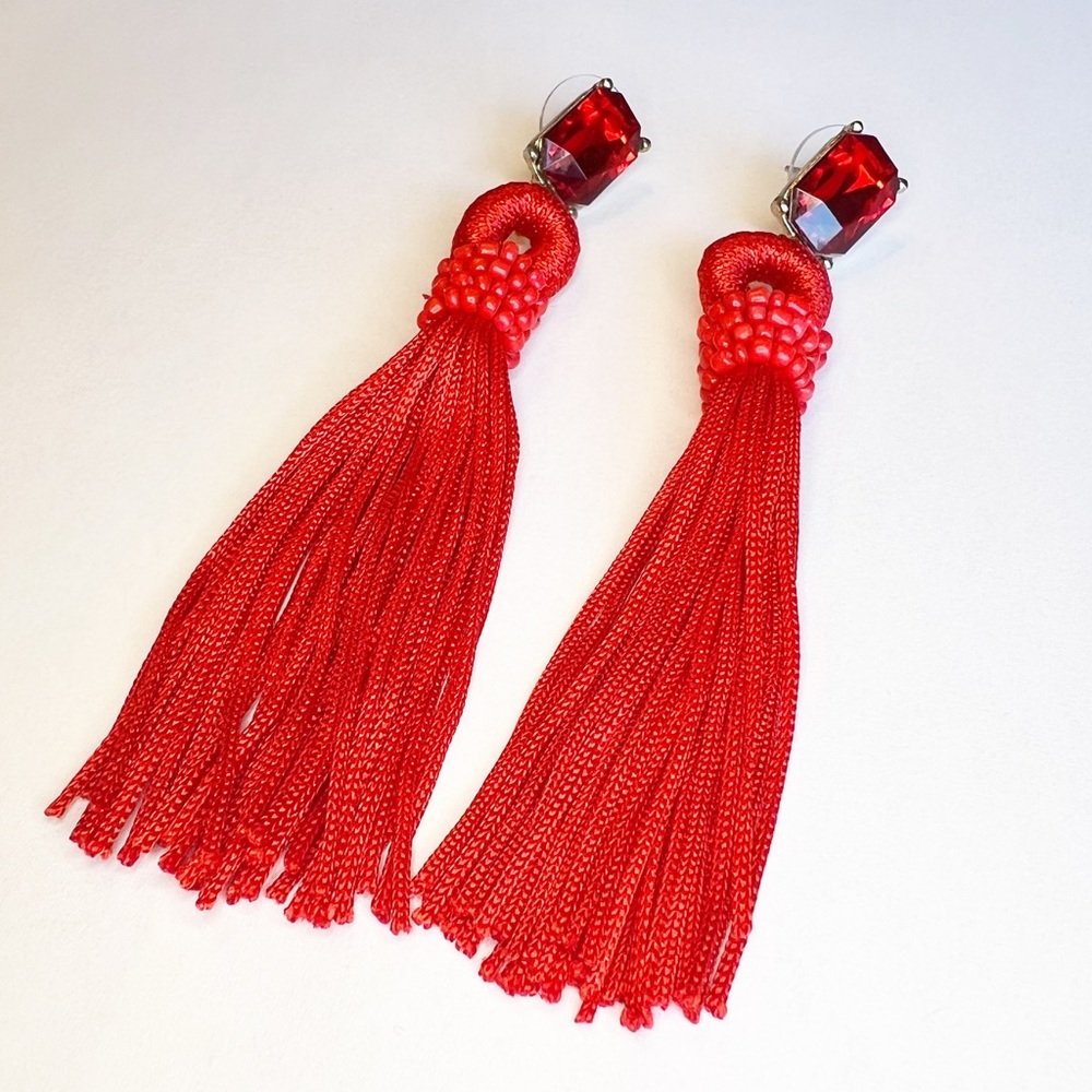Red Gemstone Loop Top Beaded Boho Long Tassel Fringe Earrings, One Pair
